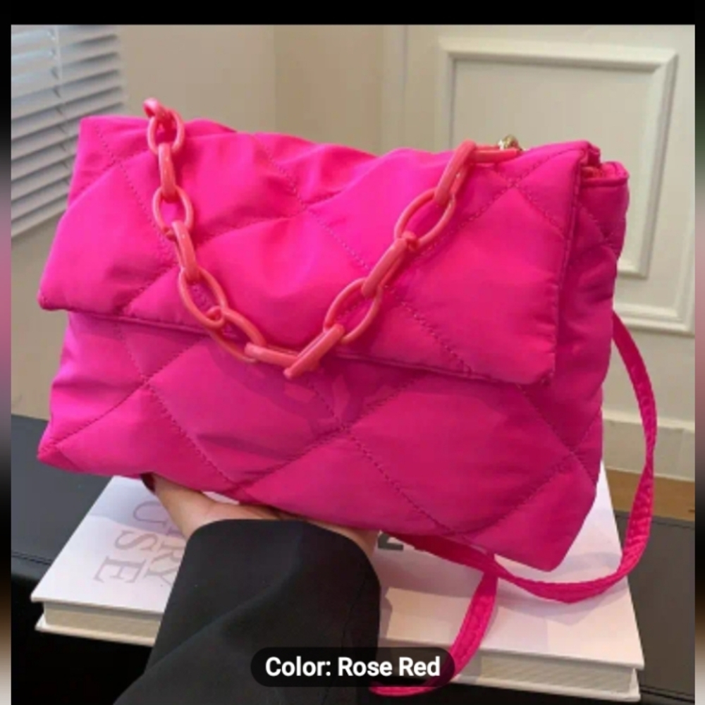 NEW Quilted Hot Pink Puffy Chain Link Crossbody/Shoulder Bag
